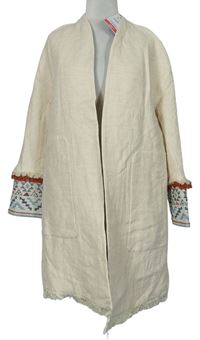 Dámský béžový lněný kabátový cardigán s výšivkami Zara 