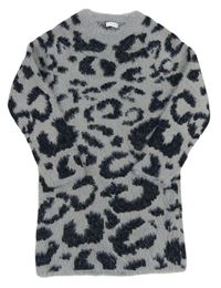 Šedé chlupaté třpytivé svetrové šaty s leopardím vzorem Next