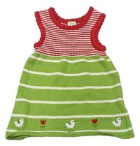 Červeno-zeleno-bílé pruhované pletené šaty s ptáčky