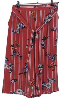 Dámské červené proužkované culottes kalhoty s květy a páskem Primark 