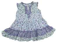 Bílo-fialovo-levandulovo-mátové kytičkované šaty s volánky ZARA