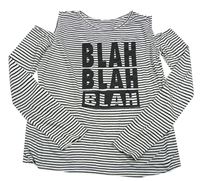 Bílo-černé pruhované triko s nápisy a volnými rameny Bonprix