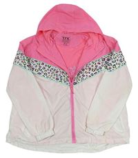 Neonově růžovo-bílá šusťáková jarní bunda s kapucí a vzorem Y.F.K.