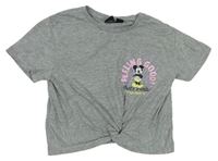 Šedé melírované crop tričko s Mickeym a uzlem Primark