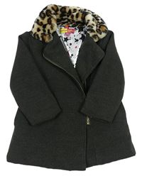 Šedý flaušový zateplený kabát s leopardím kožíškem 