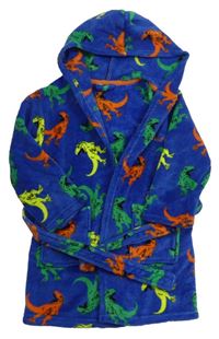 Modrý chlupatý župan s dinosaury a kapucí 