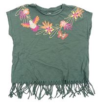 Tmavozelené crop tričko s kytičkami s flitry C&A