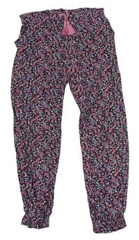 Černo-modro-růžové květované lehké kalhoty Primark