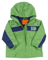 Zeleno-tmavomodrá šusťáková jarní bunda s číslem a kapucí 