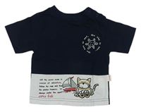Tmavomodro-šedé tričko se sluníčkem a kočkou