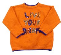 Tmavooranžový melírovaný svetr s nápisy z flitrů M&Co