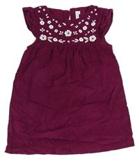 Švestkové manšestrové šaty s kytičkami a volánky Jojo Maman Bébé