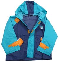 Tmavomodro-azurová šusťáková nepromokavá bunda s potiskem a kapucí 