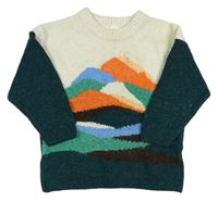 Smetanovo-tmavozelený vlněný svetr s horami H&M