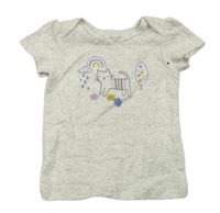 Světlešedé melírované tričko s kočkou a duhou Carters