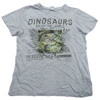 Šedé melírované tričko s dinosaurem a nápisy Y.F.K.