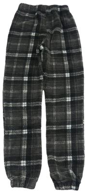 Tmavošedo-černo-bílé kostkované chlupaté domácí kalhoty