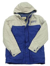Béžovo-modrá šusťáková zateplená bunda s nápisem a kapucí 