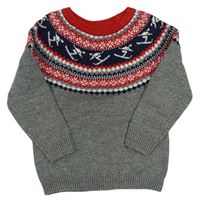 Šedo-modro-červený vzorovaný pletený svetr Tu