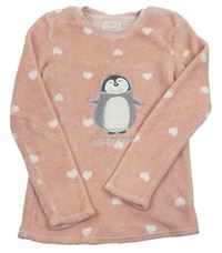 Růžová chlupatá pyžamová mikina se srdíčky a tučňákem F&F