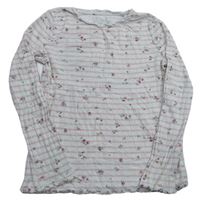 Bílo-světlerůžové pruhované žebrované pyžamové triko s kytičkami F&F