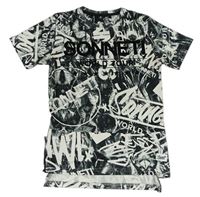 Černo-bílé tričko s logy a graffiti Sonneti