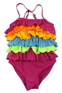 Fuchsiovo-barevné jednodílné plavky s volánky