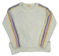 Bílý chlupatý svetr s barevnými pruhy na rukávech zn. Pepperts