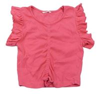 Růžové žebrované crop tričko s volánky Reserved
