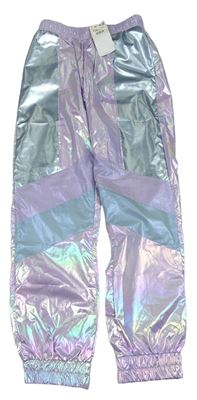 Světlefialovo/světlemodro-perlové metalické šusťákové nepromokavé kalhoty RESERVED