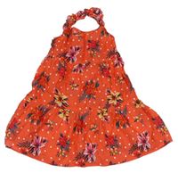 Korálové puntíkaté plátěné šaty s květy Primark