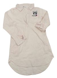 Světlerůžovo-bílé pruhované košilové lehké šaty s kočkou H&M