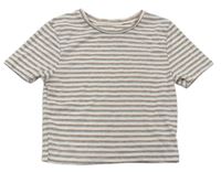 Bílo-šedo-světlerůžové pruhované žebrované crop tričko 