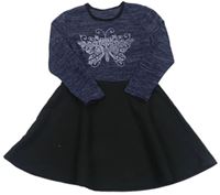 Tmavomodro-černé melírované šaty s motýlem