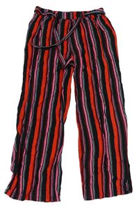 Černo-růžovo-červené pruhované palazzo kalhoty s páskem E-Vie