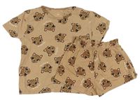 2set - Hnědé tričko s kočkami + bavlněné kraťasy zn. H&M