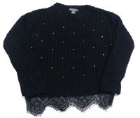 Černý žebrovaný pletený svetr s kamínky a krajkou PRIMARK
