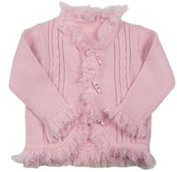 Růžový propínací svetr s třásněmi a copánkovým vzorem 
