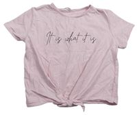 Světlerůžové crop tričko s nápisem a uzlem Candy Couture 