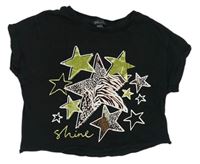 Černé crop tričko s hvězdičkami New Look