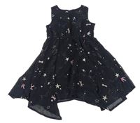 Tmavomodré šifonové šaty s hvězdami a planetami zn. H&M