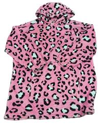 Růžové chlupaté županové šaty s leopardím vzorem a kapucí Jeff&Co vel. 134-152
