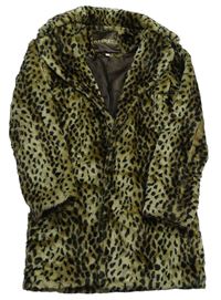 Béžovo-hnědo-tmavohnědý vzorovaný kožešinový podšitý kabát New Look