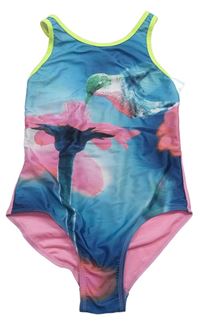 Petrolejovo-modro-růžové jednodílné plavky s kytičkou a kolibříkem YD