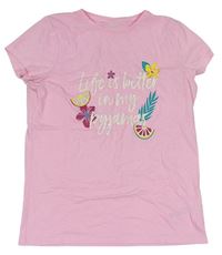 Růžové melírované tričko s nápisy a citrusy a kytičkami F&F