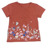 Cihlové tričko s květy a motýlky 