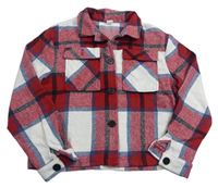 Červeno-bílo-modro-tmavomodrá kostkovaná košilová crop bunda SHEIN