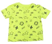 Neonově žluté tričko se smajlíky a šipkami a nápisy PRIMARK