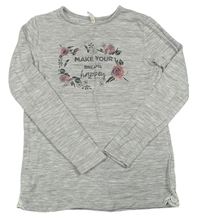 Šedé melírované úpletové triko s nápisem a květy Yd.