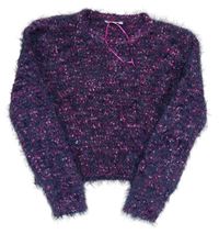 Tmavomodro-růžový chlupatý crop svetr E-vie